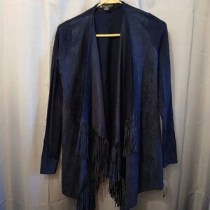 Nwt INC Sueded Fringe Cardigan Sweater S Denim Blue Point hem Knit back Open
